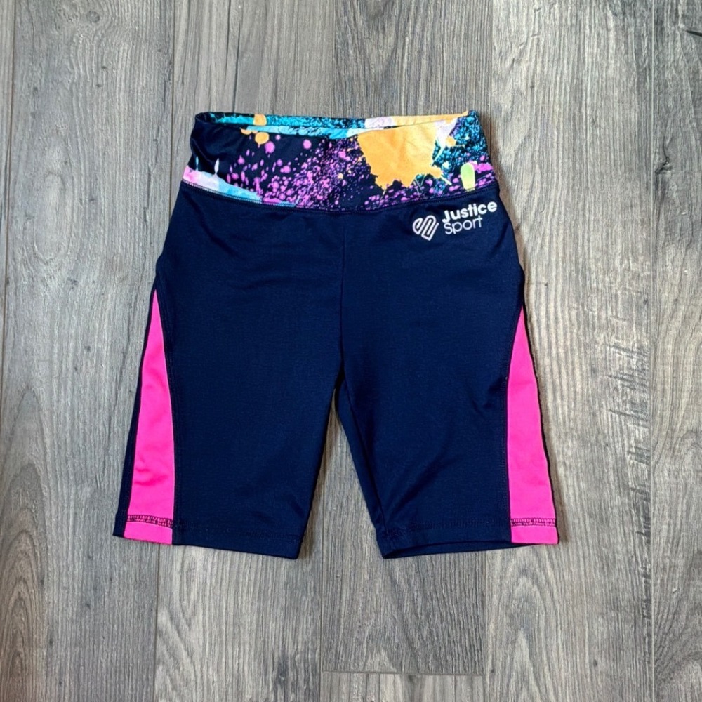 Justice Sport Girls Navy Pink‎ Splatter Paint Bike Shorts Size S 7 8 Athletic